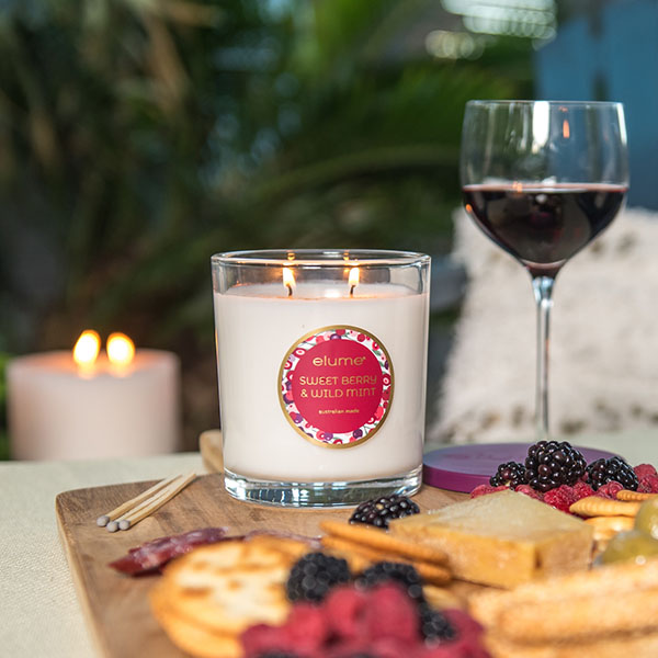 Elume Sweet Berry And Wild Mint Luxury Soy Candle Jar 2 Wick With Wine And Cheese Board