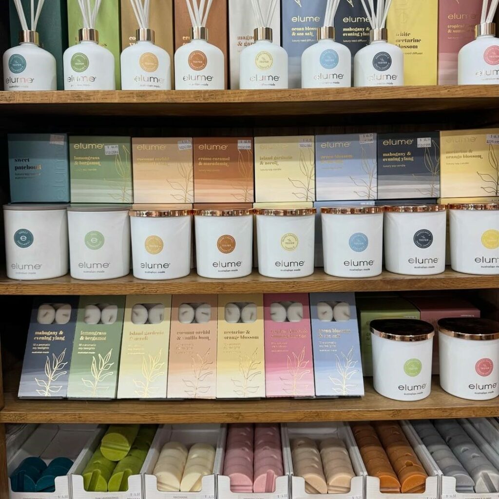 Your House Cooma's display of elume's luxury soy candles, luxury reed diffusers, soy wax tealights and melts