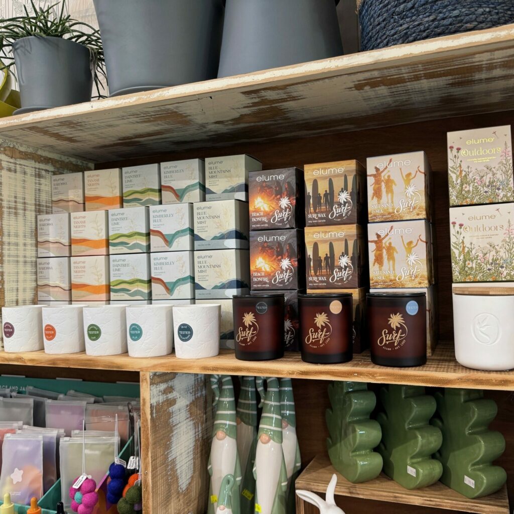 Valley Road Nursery's display of elume's Australian Escapes range, Surf and Outdoor candles