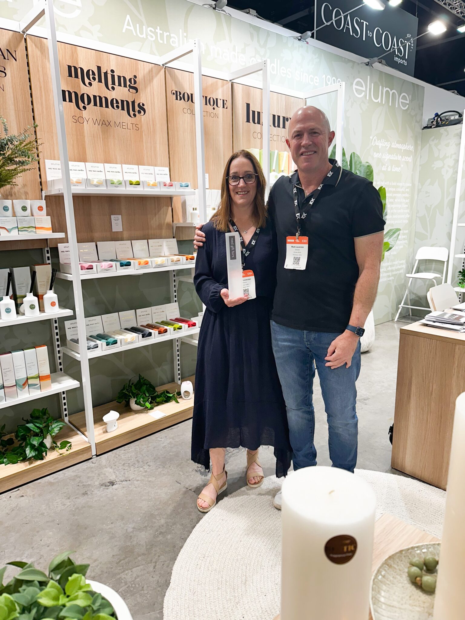 joelle and mark at reed gift fairs sydney 2026 winning best small stand award